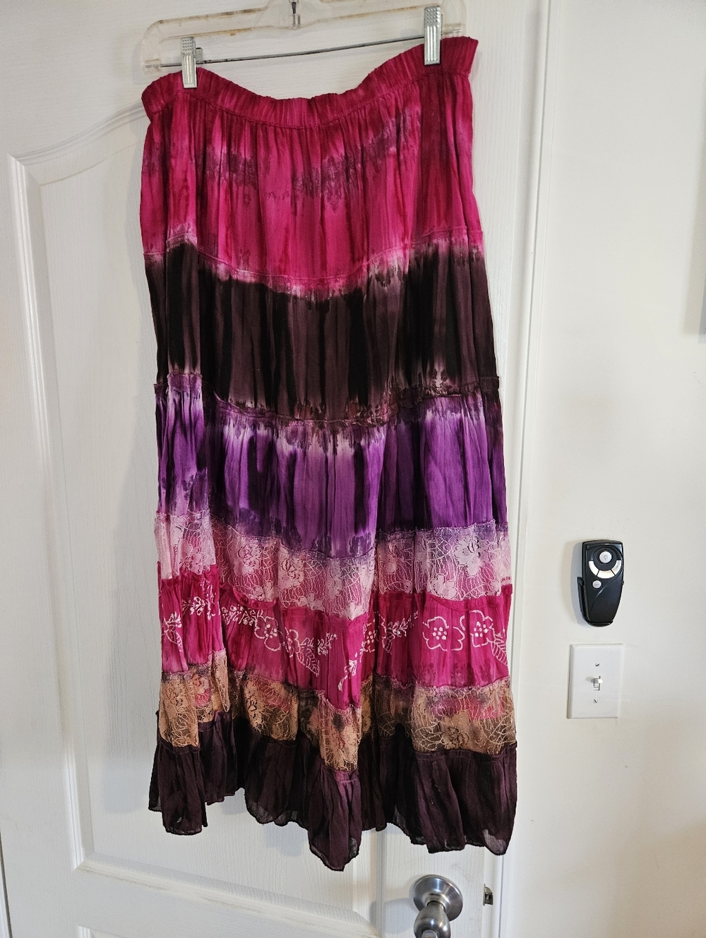 Boho Tiered Tie-Dye Midi Skirt in Beautiful Fuchsia and Purple $20